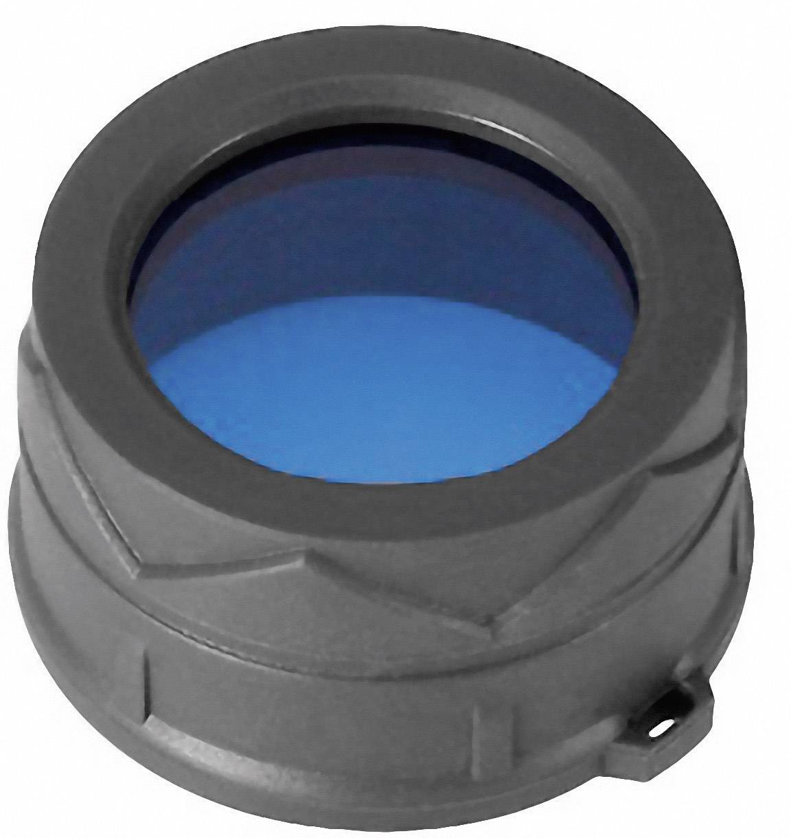 A round, grey camera or binocular filter with a blue lens.