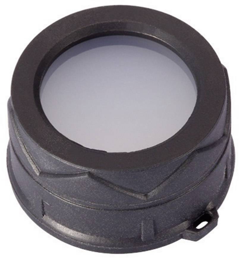 Black and grey, round lens cap with a smooth surface and a small attachment ring on the side.