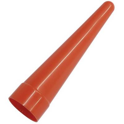 Red truncated cone with a pointed end, typically used for road safety or construction site barriers.