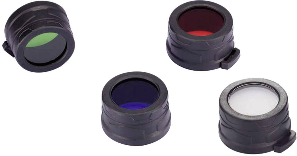 Four round filter lenses in black, each with a different coloured insert: green, red, blue and clear. They are used for light manipulation.