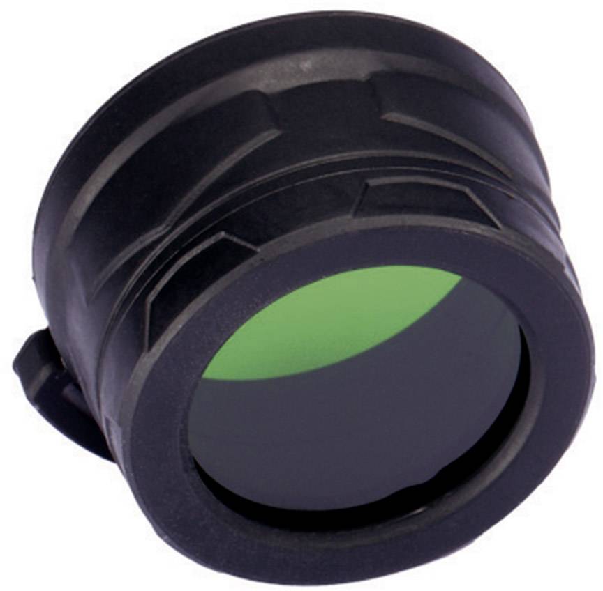A round, black-green lens, possibly part of an optical device, on a white background.