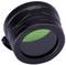 A round, black-green lens, possibly part of an optical device, on a white background.