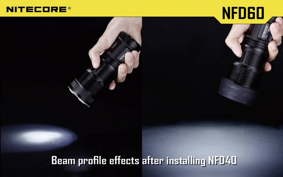 A hand holds a torch, showing a left-focused and right-wider beam of light after installing an NFD40 adapter.