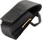 A black, woven belt bag with a flap closure and carabiner hook, suitable for attaching to a belt or rucksack.