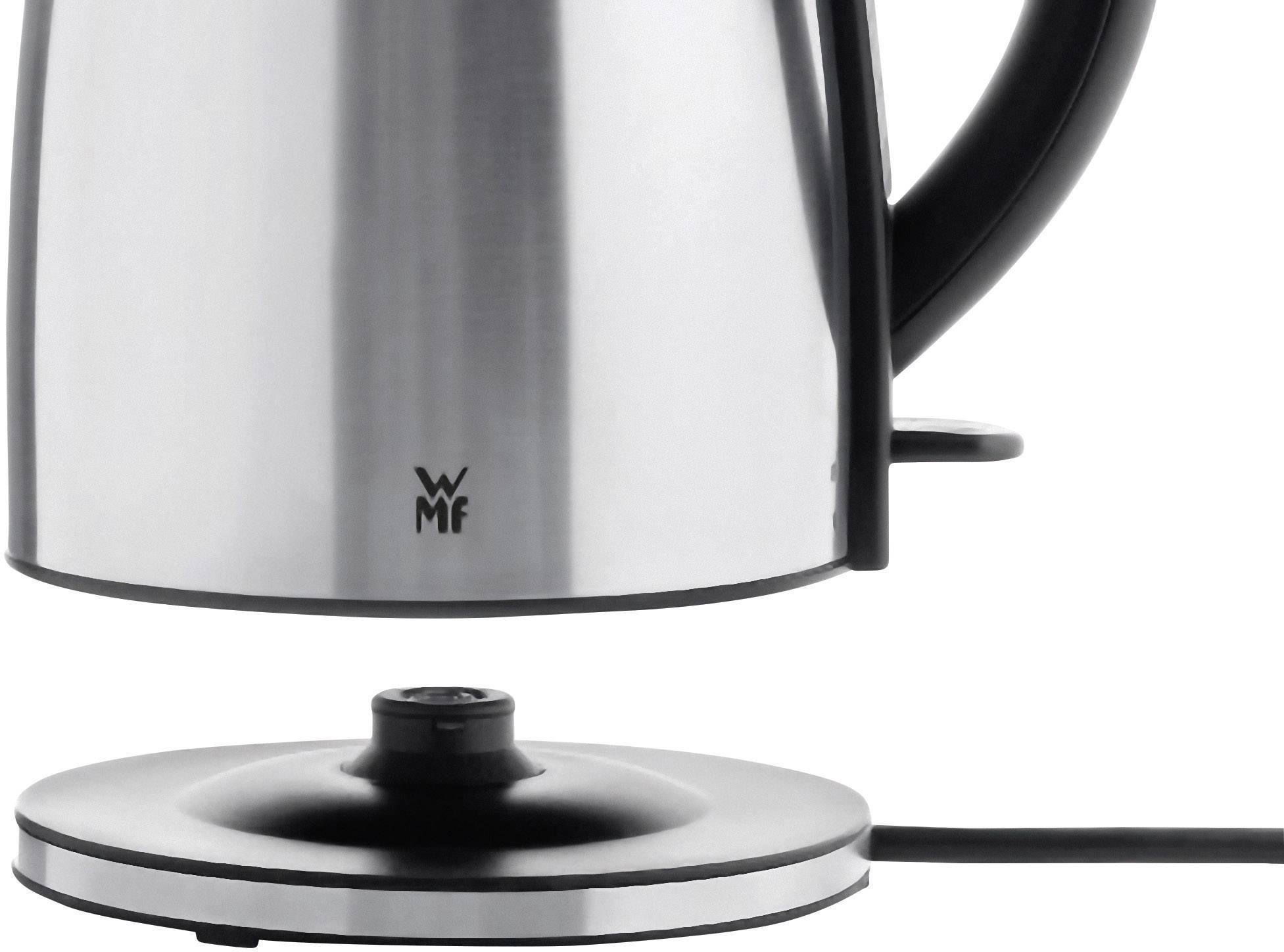 Electric stainless steel kettle with cordless base station, black and silver design, WMF logo visible.