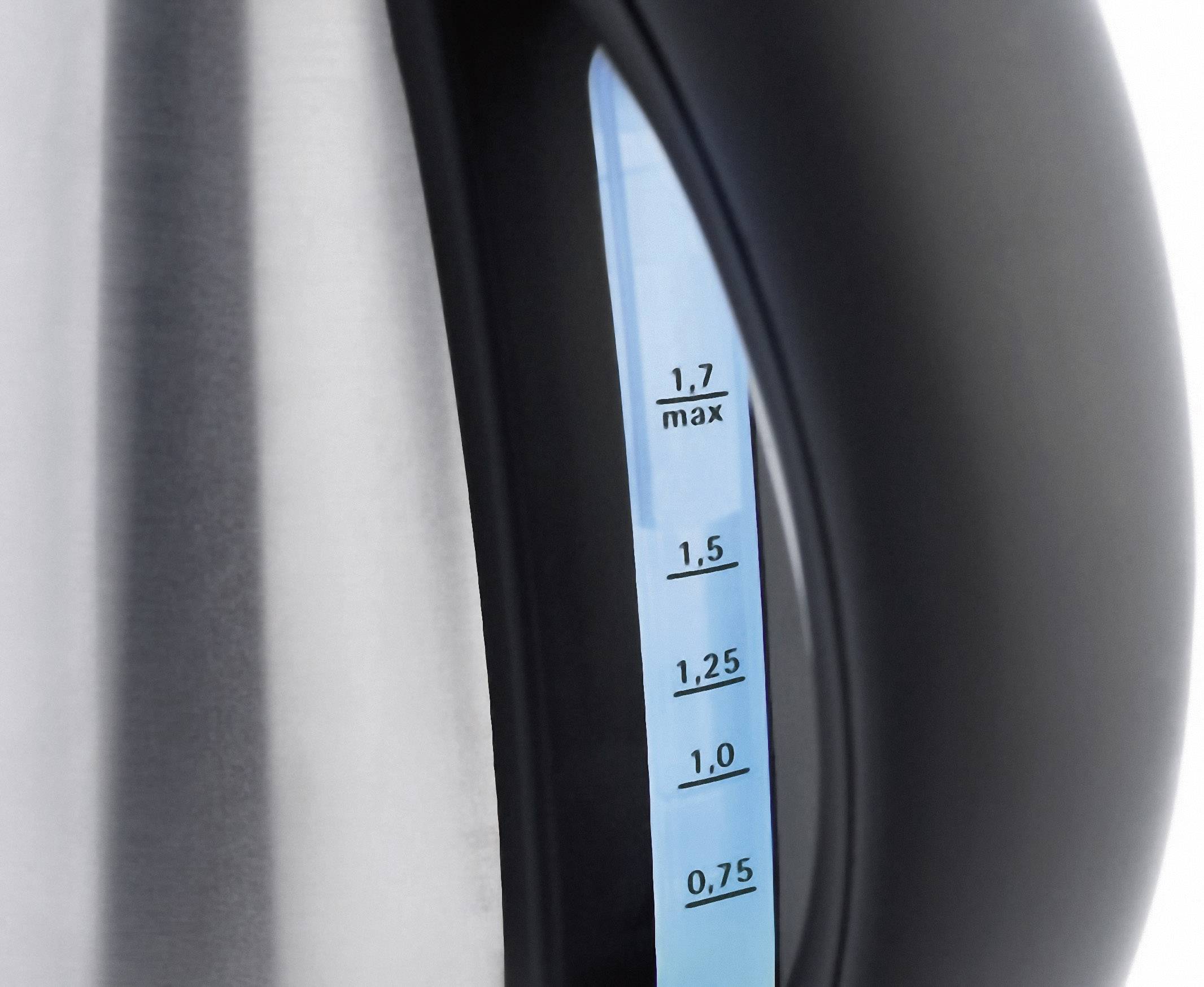 Silver electric kettle with blue water level indicator, shows water level up to 1.7 litres.