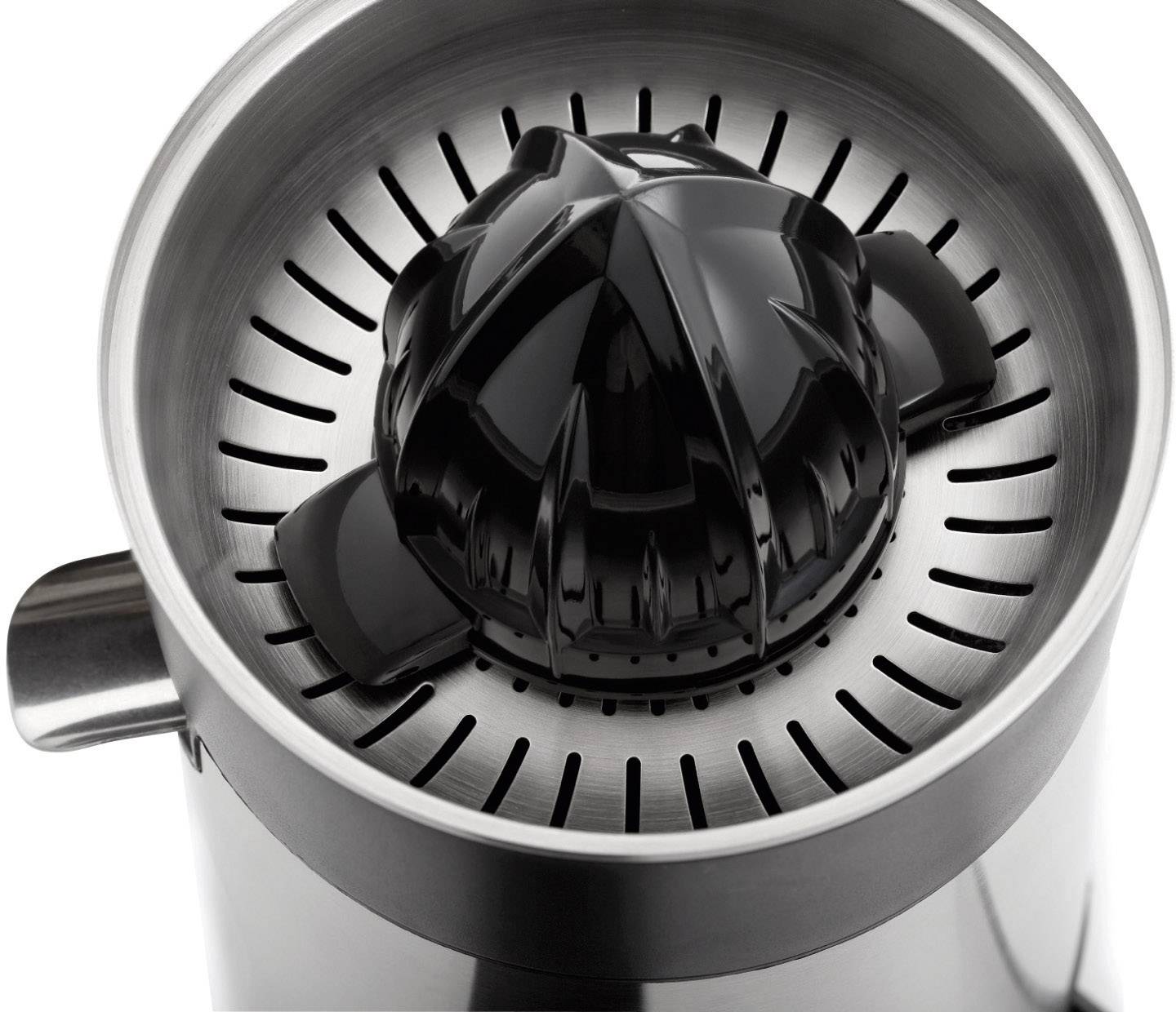 Electric citrus juicer with a black-glossy cone in a stainless steel bowl, suitable for squeezing oranges and lemons.