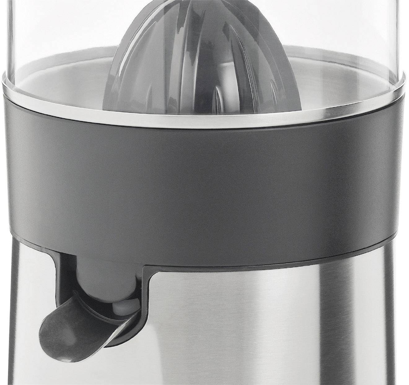Electric citrus juicer with stainless steel housing and black plastic ring, ideal for easily juicing oranges and lemons.