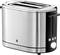 Silver stainless steel toaster with two slots, black side handle, rotary dial for browning control and buttons on the side.