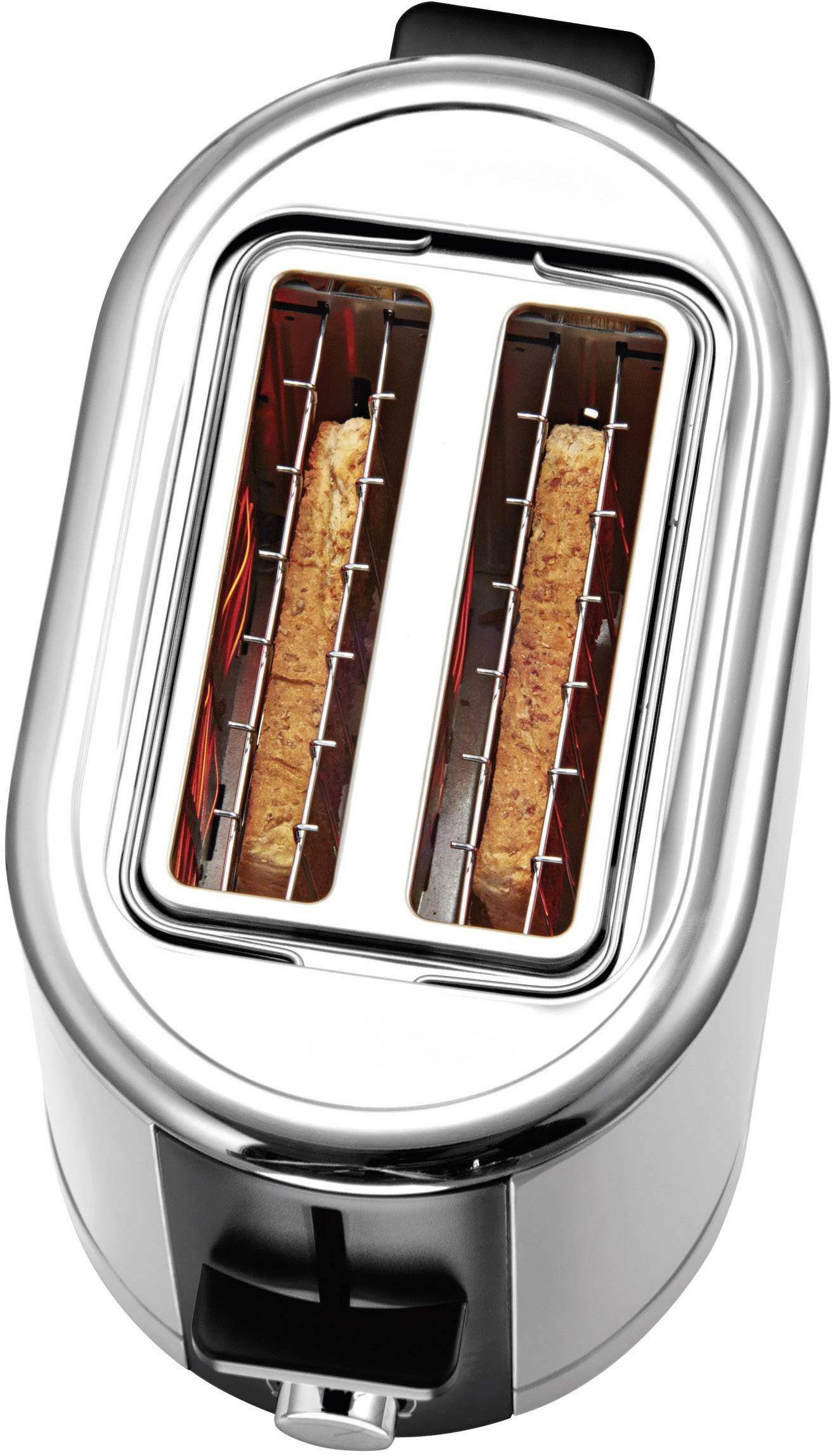 A silver toaster with two slots, each containing a toasted slice of bread, viewed from a bird's-eye perspective.