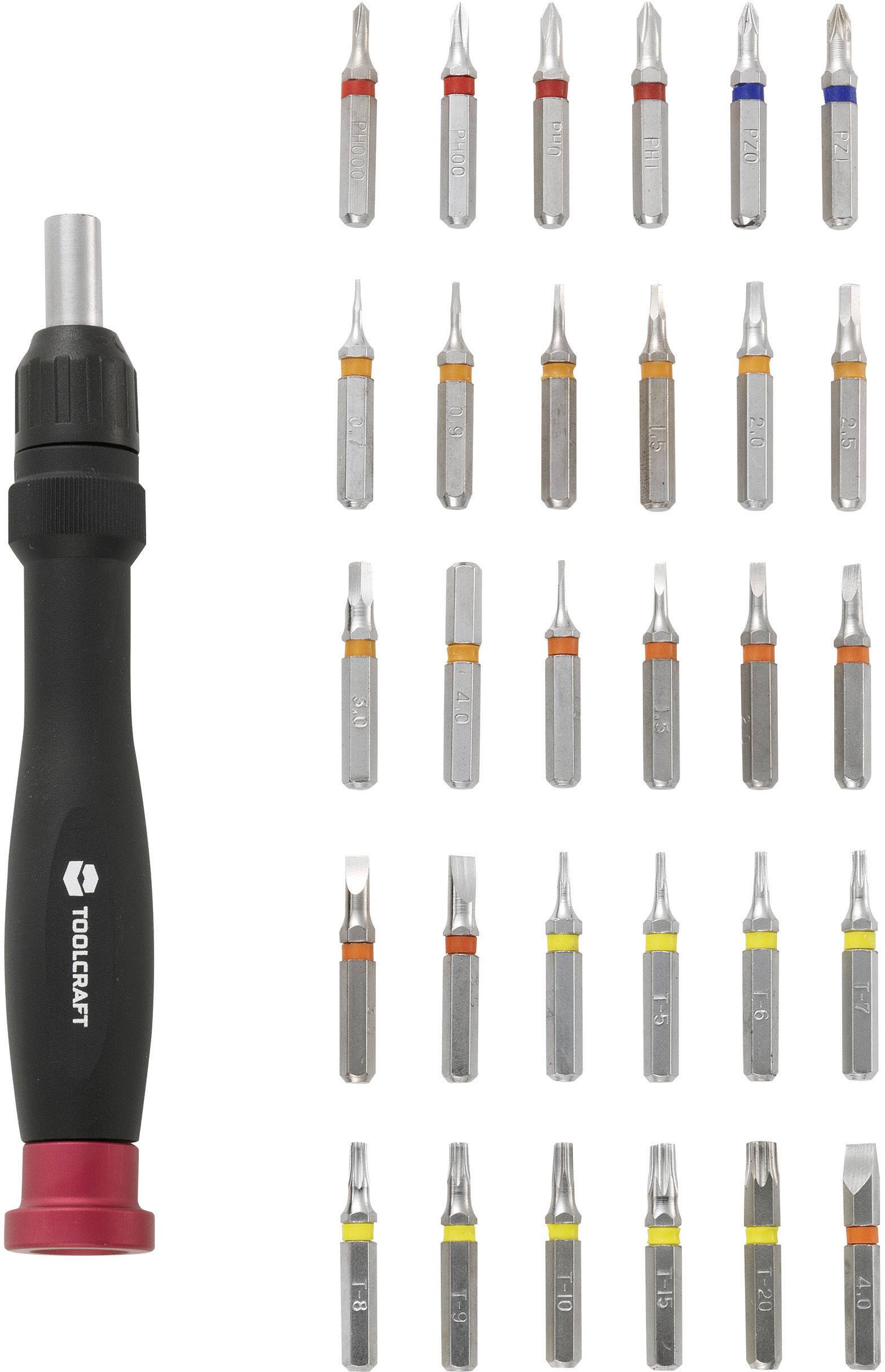 Black and red screwdriver with 30 interchangeable bits in various shapes and colours, for versatile applications.