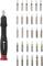 Black and red screwdriver with 30 interchangeable bits in various shapes and colours, for versatile applications.