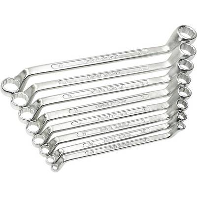 A set of nine gleaming ring spanners in various sizes, stacked and laid side by side.