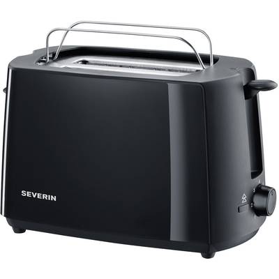 Black Severin toaster with side control dial and crumb tray on top, suitable for toasting bread or rolls.