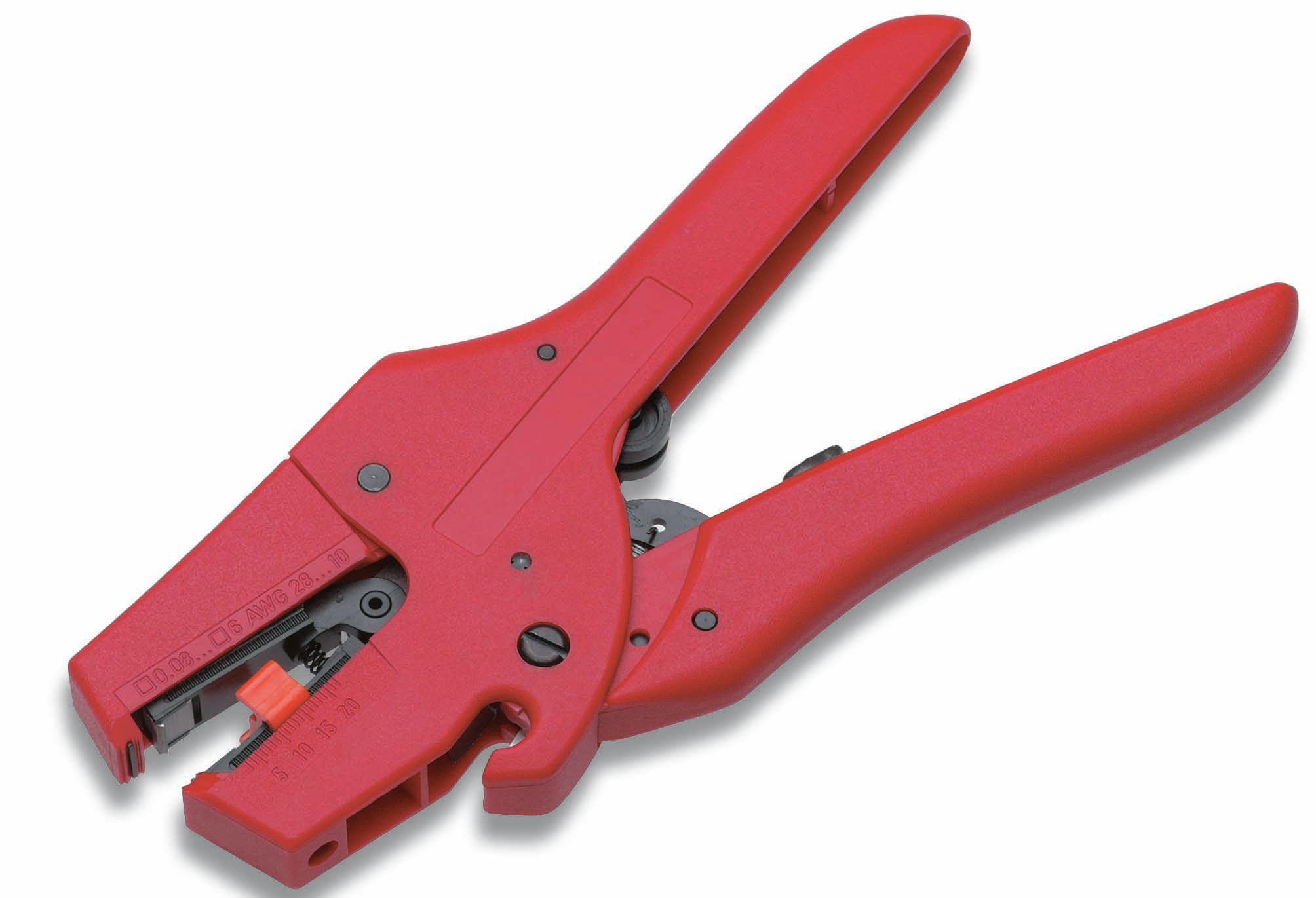 Red wire strippers on a white background. Tool for removing insulation from cables, with ergonomic handles.