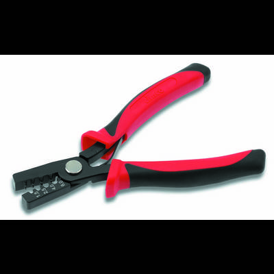 A red and black wire stripping pliers for removing insulation from wires.