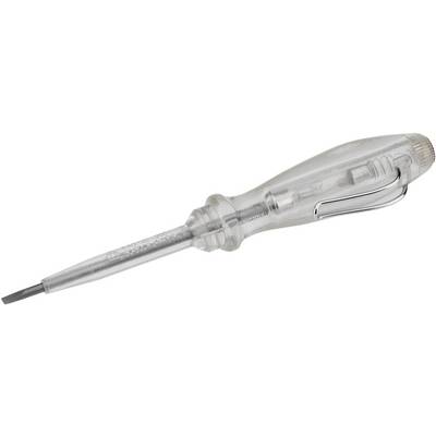 A phase tester with a transparent plastic handle and metal tip, used for voltage detection in electrical installations.
