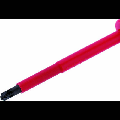 A red ballpoint pen with a black tip, lying at an angle.