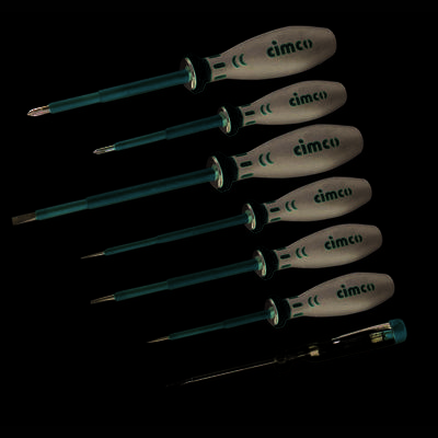 Six-piece screwdriver set with insulated handles and a voltage tester, suitable for electrical work.