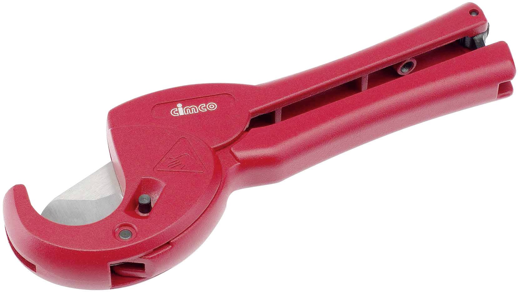 A red plastic pipe cutter with an ergonomic handle and sharp blade, suitable for precise pipe cutting.