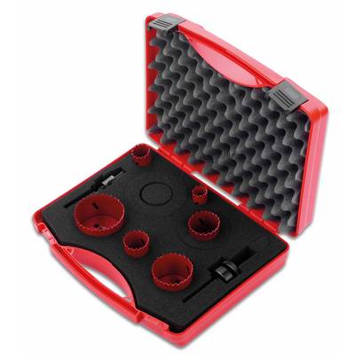 Red toolbox with six hole saws in various sizes and foam lining for protection, shown open.