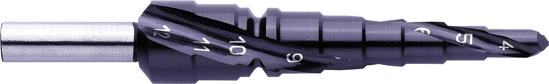 A stepped drill bit with numerical markings on the surface indicating sizes from 4 to 13.