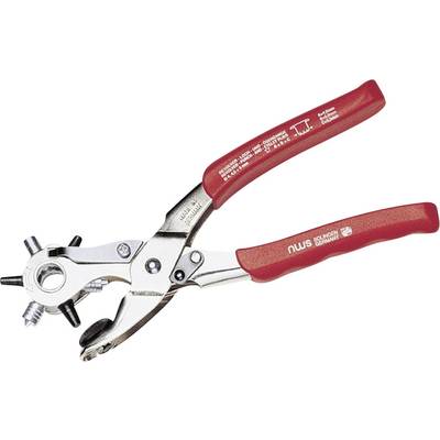 Punch pliers with a red handle, suitable for punching holes in various sizes through materials such as leather or plastic.