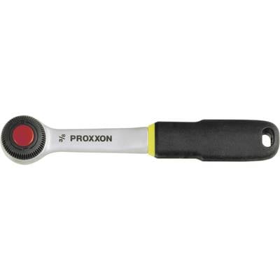 Ratchet with a black handle and silver lever, inscribed with 'PROXXON'. The handle has a red gear wheel at one end.