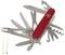 A red Swiss Army knife with several unfolded tools, including a blade, pliers, screwdriver and saw.