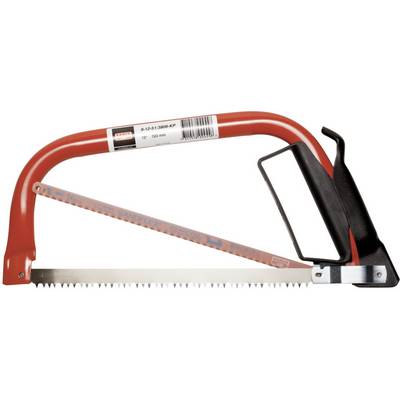 Bow saw with a red handle and black grip, suitable for woodworking and metalwork. Blade is toothed, approximately 530 mm long.