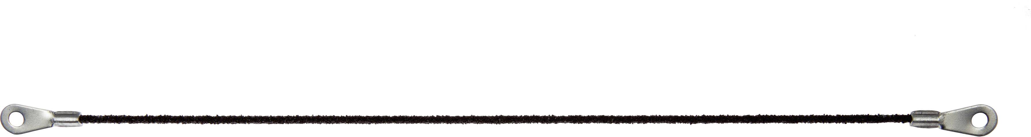 Black rope with loops at both ends against a white background.