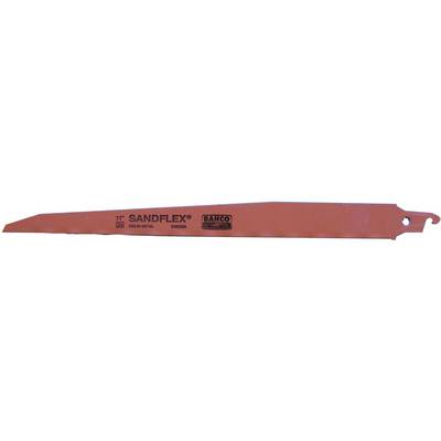 A rust-coloured saw blade with 'SANDFLEX' written on it. It has a serrated edge and a mounting hole on the right side.