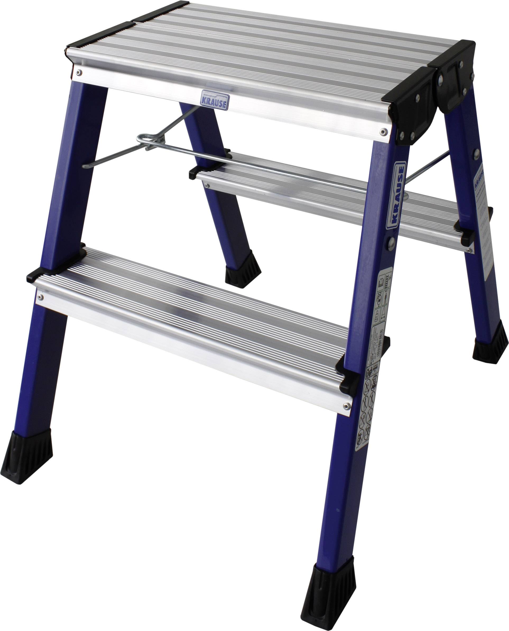 A small, folding metal step ladder with two steps. It has blue and silver elements and stands on non-slip feet.
