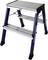 A small, folding metal step ladder with two steps. It has blue and silver elements and stands on non-slip feet.