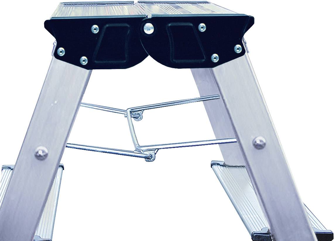 A stable folding step ladder with reinforced cross-bracing, manufactured from aluminium, for safe use in DIY or commercial applications.