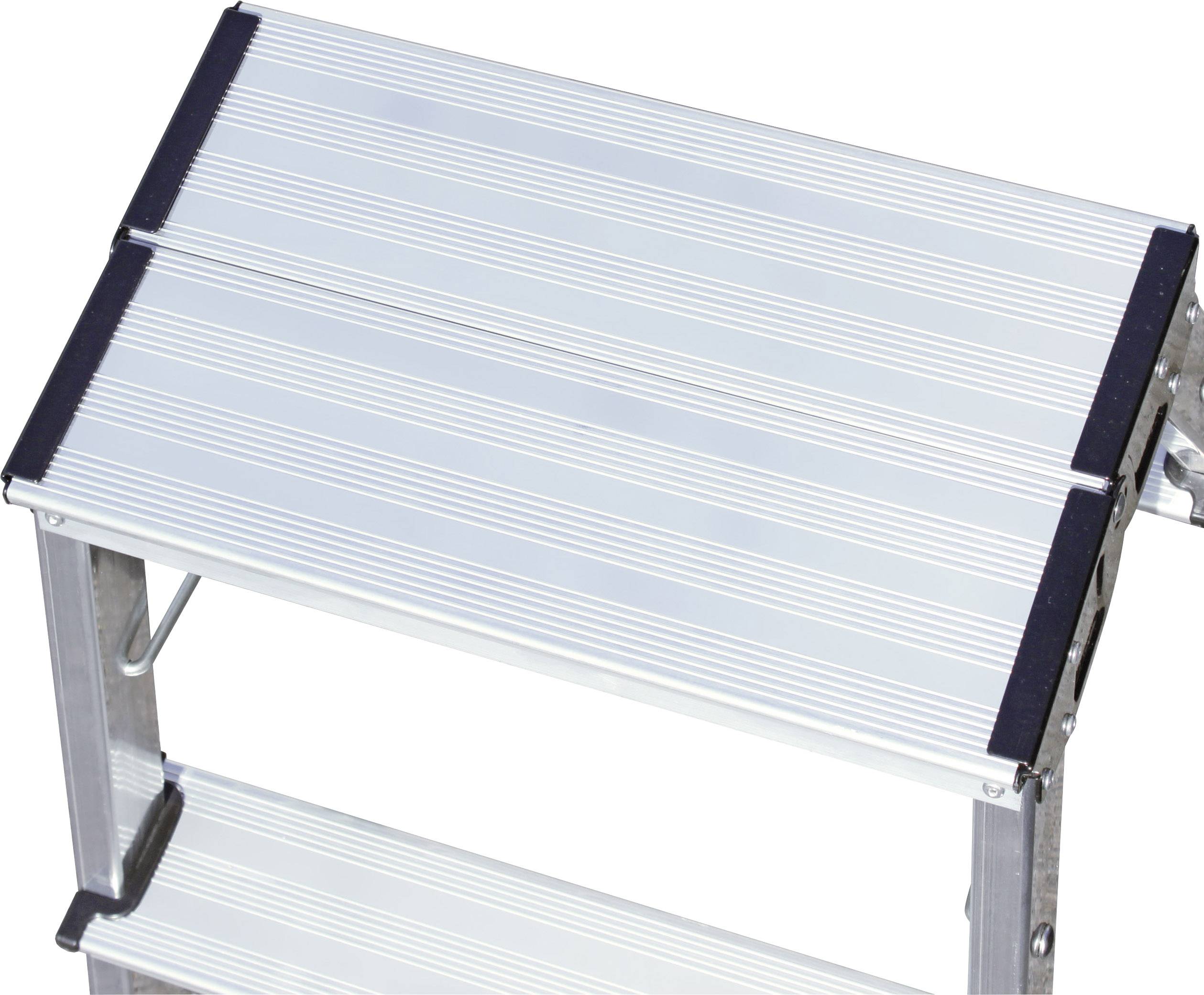 A silver metal ladder with wide, non-slip steps, partially visible. Ideal for safe working at height.