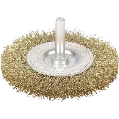 Metal round brush attachment with bristles, used for grinding or cleaning work. Suitable for drill machines.