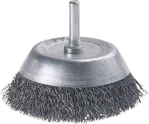 Wire brush with a round metal head and bristles, suitable for cleaning and removing rust from metal surfaces.