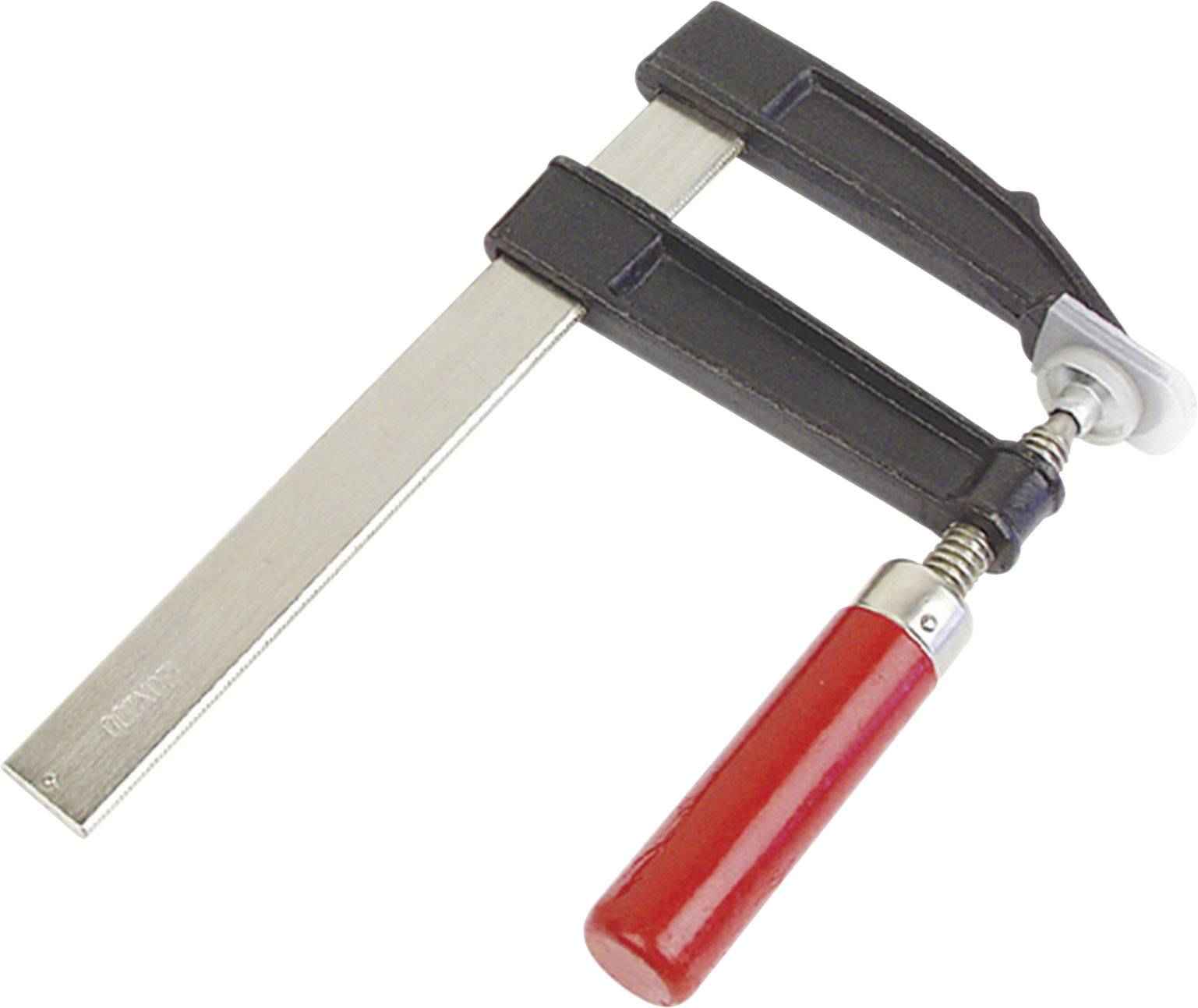 A metal G-clamp with a red handle, commonly used for securing objects while working.
