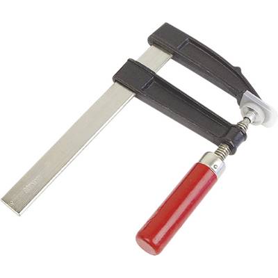 A metal G-clamp with a red handle, commonly used for securing objects while working.