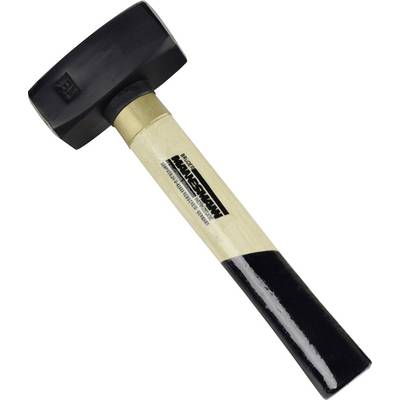 A sledgehammer with a wooden handle and black head, lying on a white background.