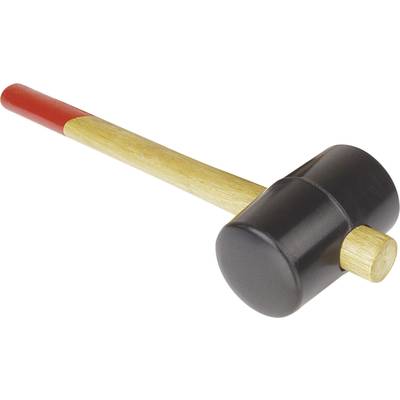 Wooden hammer with a black head and red handle.