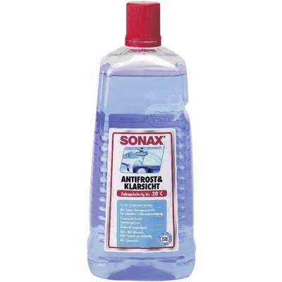 Blue bottle with a red cap containing liquid, label reads 'Sonax Anti-Freeze & Screen Clear', suitable for car windscreens down to -20°C.