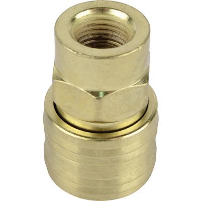 Brass hose connector with internal thread, cylindrical shape, used for connecting pipes or hoses.