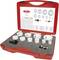 Red toolkit with drill crowns in various sizes and two drill adapters. Diagram on the lid shows sizes and applications.