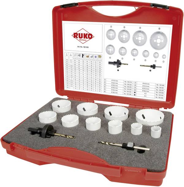 RUKO 126303 Hole saw set 12-piece 19 mm, 22 mm, 25 mm, 29 mm, 35 mm, 38 mm, 44 mm, 51 mm, 57 mm, 64 mm cobalt 1 Set