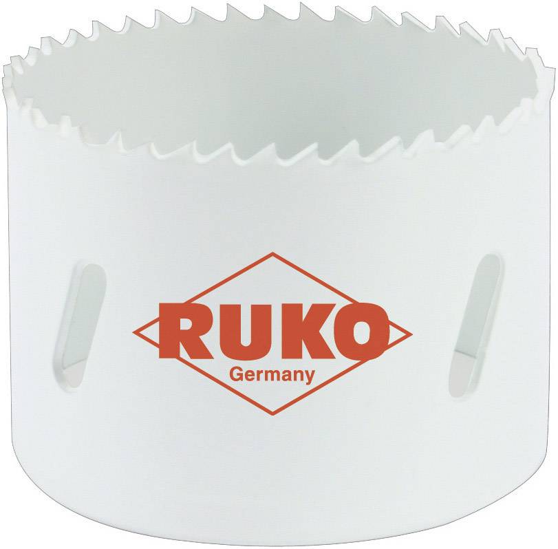 White hole saw with serrated edge and 'RUKO' logo in red on the side.