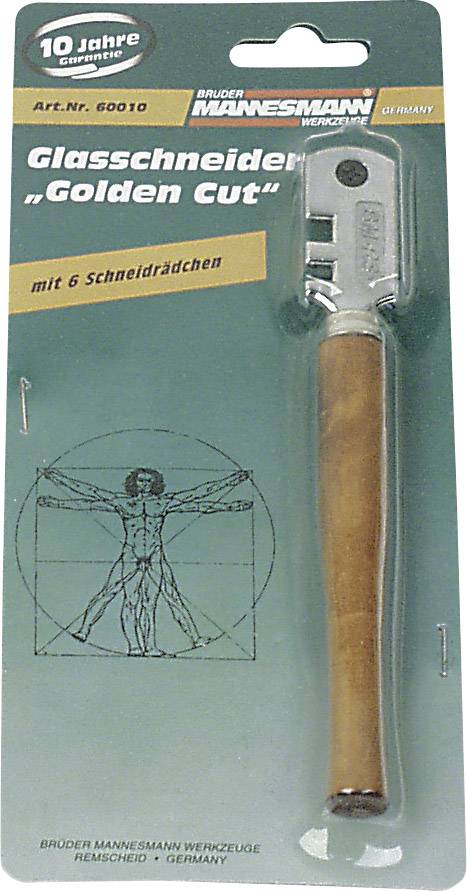 'Glass Cutter "Golden Cut"' in packaging with wooden handle, 6 cutting wheels. Packaging features Leonardo da Vinci's Vitruvian Man.