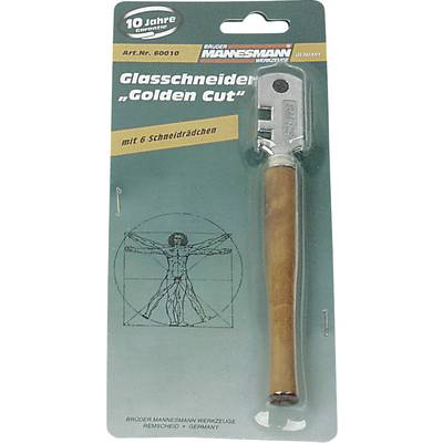 'Glass Cutter "Golden Cut"' in packaging with wooden handle, 6 cutting wheels. Packaging features Leonardo da Vinci's Vitruvian Man.