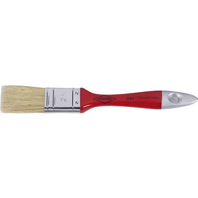 A red flat paintbrush with a wooden handle, bristles, and metal ferrule. Inscription shows 'ichteks' and '1552 China bristles'. Suitable for painting.
